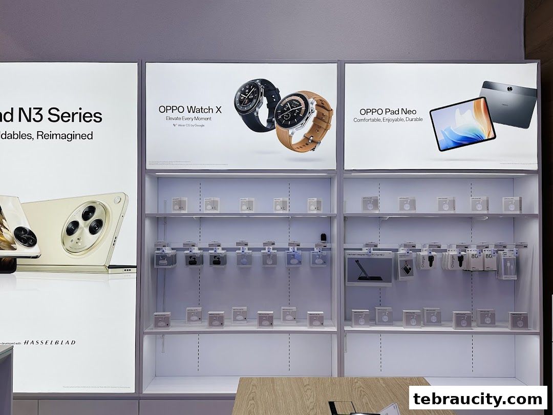 An OPPO Experience Store display featuring the N3 Series phone, OPPO Watch X, and OPPO Pad Neo.