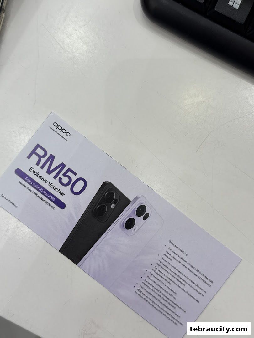 An OPPO RM50 exclusive voucher with terms and conditions and images of two smartphones.