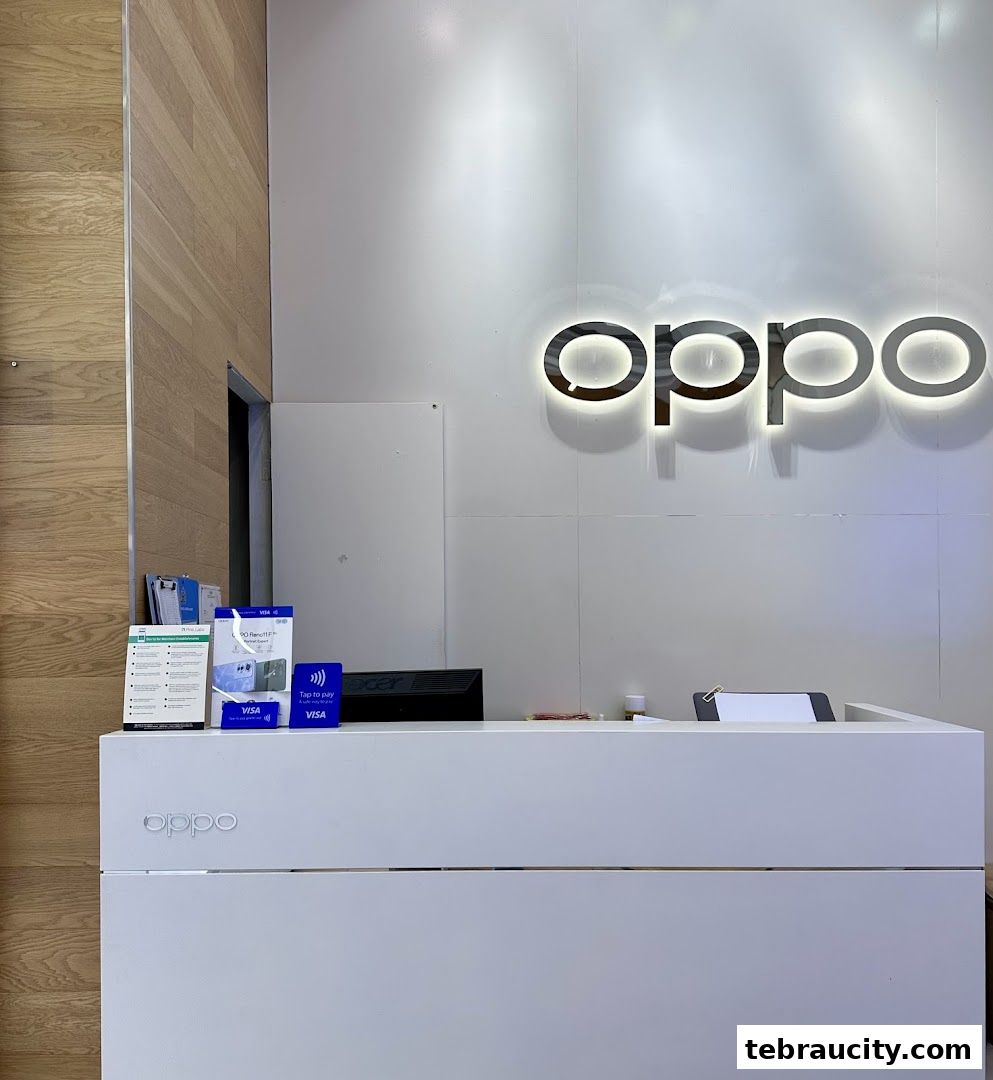 The interior of an OPPO store with a prominent illuminated logo and a white reception counter.
