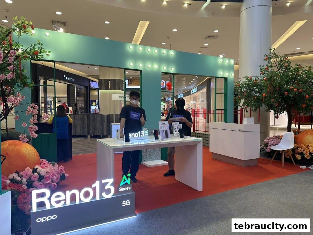 OPPO Reno13 series display with staff and festive decorations in a mall.