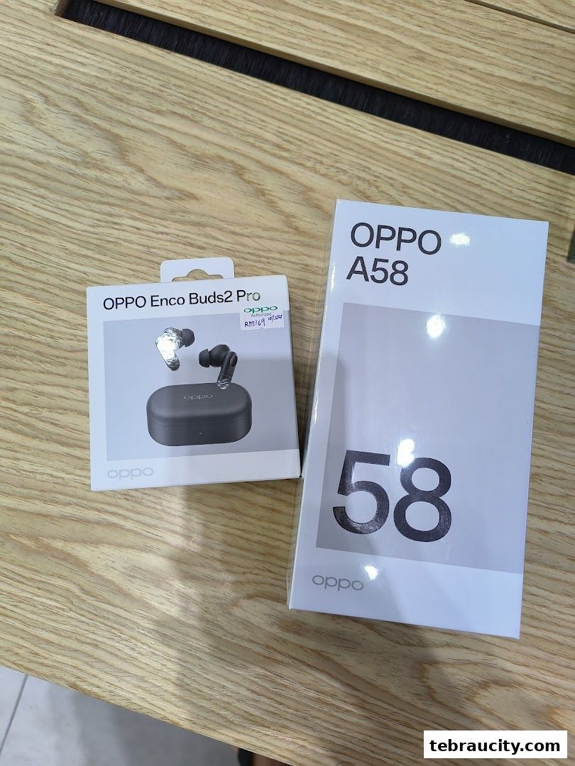 OPPO A58 phone and OPPO Enco Buds2 Pro wireless earbuds displayed on a wooden surface.