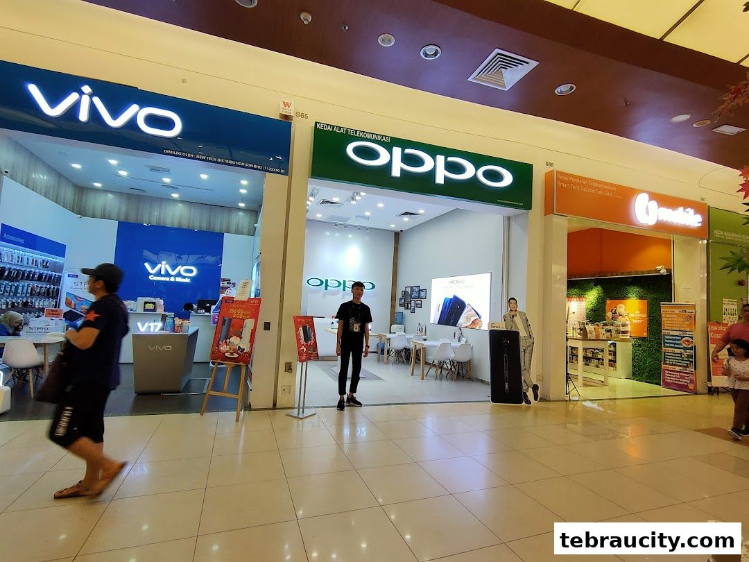 The entrance of the OPPO EXPERIENCE STORE and adjacent Vivo and U Mobile shops in a mall.