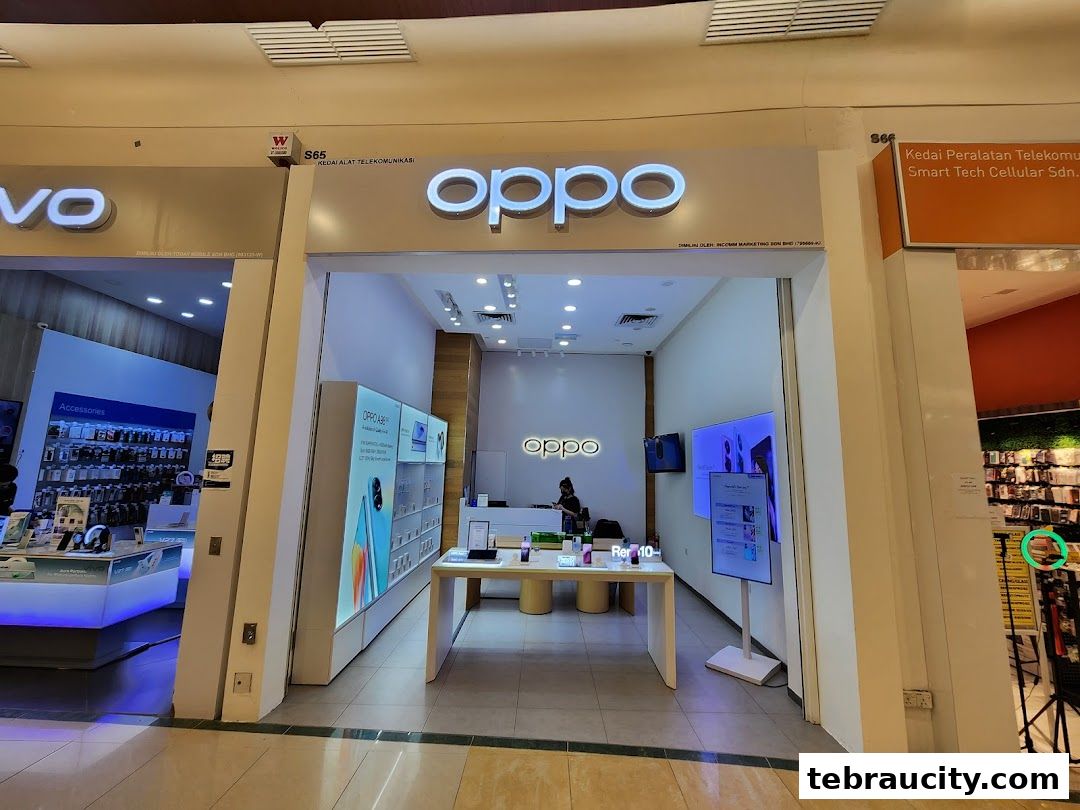 The entrance of an OPPO Experience Store showcasing phones and accessories.