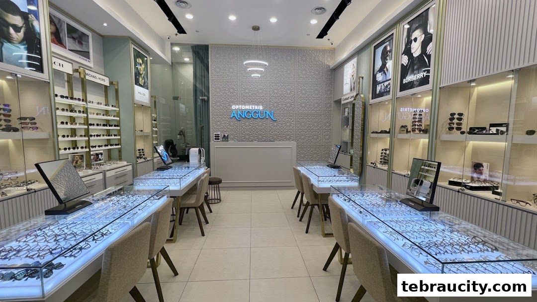 Interior view of an optometry shop with display cases filled with eyeglasses and sunglasses.