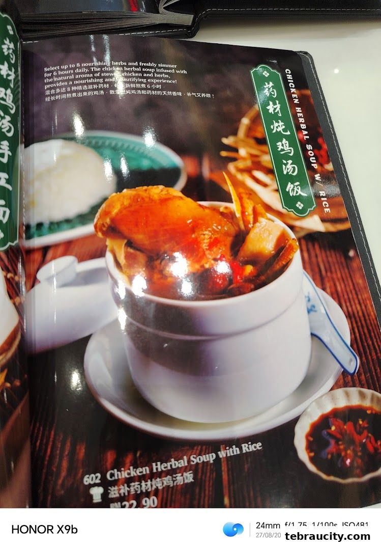 A close-up of a menu item featuring Chicken Herbal Soup with Rice.