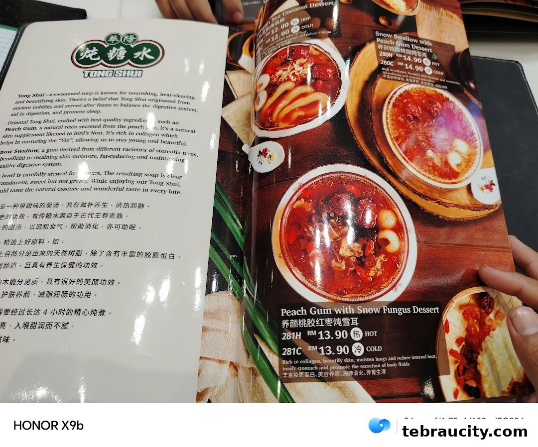A menu showcasing various Tong Shui desserts with detailed descriptions and prices.