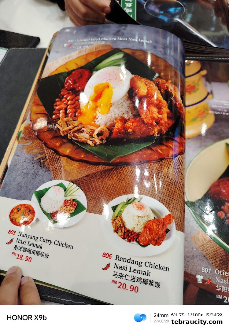 A menu page showcasing various Nasi Lemak dishes with appetizing food photography.