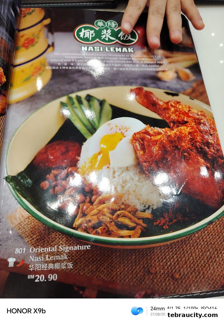 A close-up of a Nasi Lemak dish from Oriental Kopi's menu.