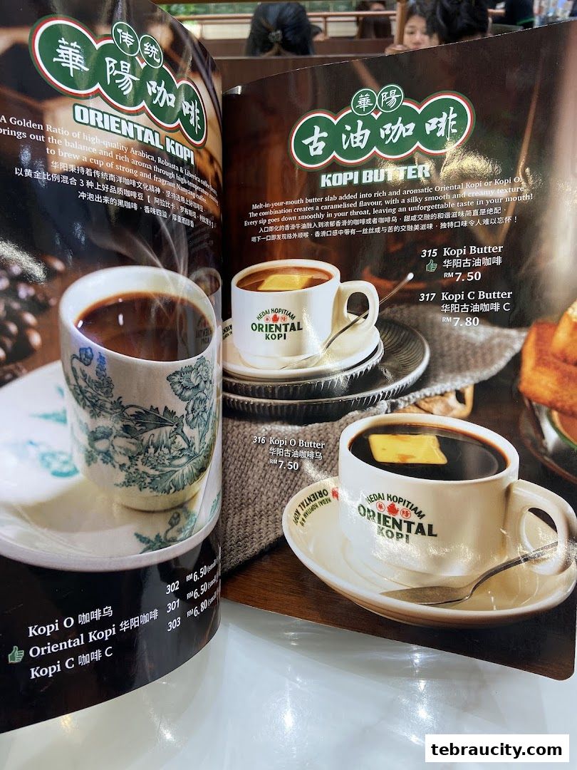A menu showcasing Oriental Kopi and Kopi Butter with detailed descriptions and prices.