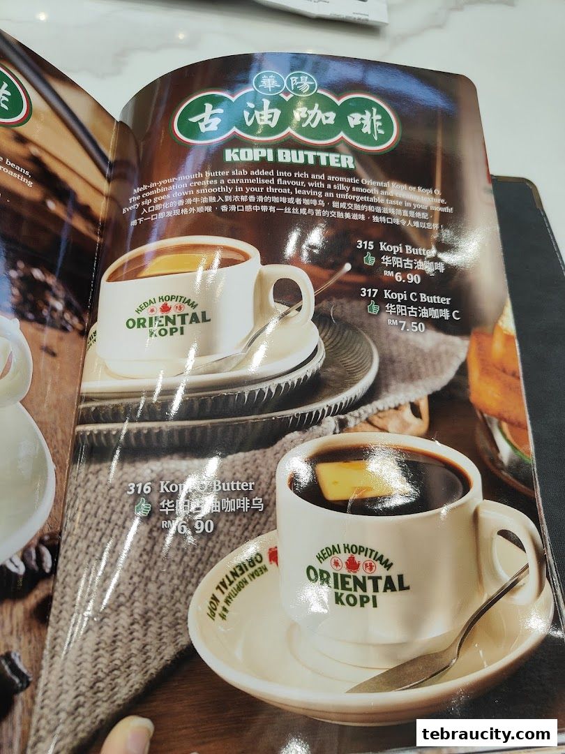 A menu page showcasing Oriental Kopi's signature Kopi Butter drinks with descriptions and prices.