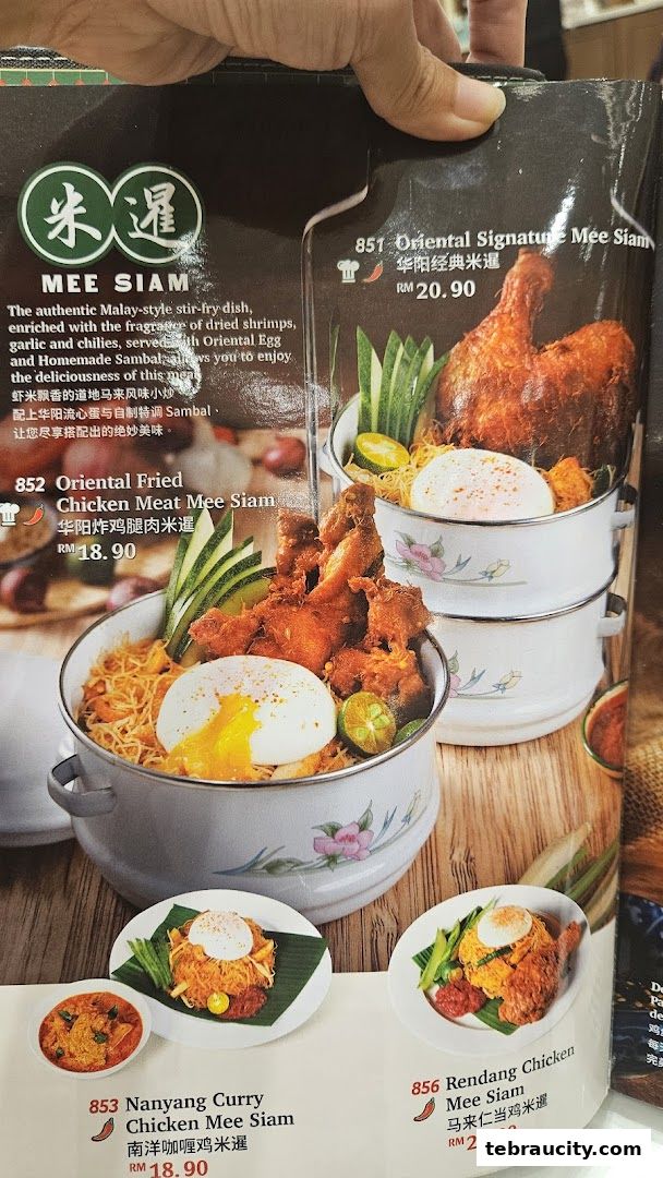 A menu page showcasing various Mee Siam dishes with appetizing food photography.