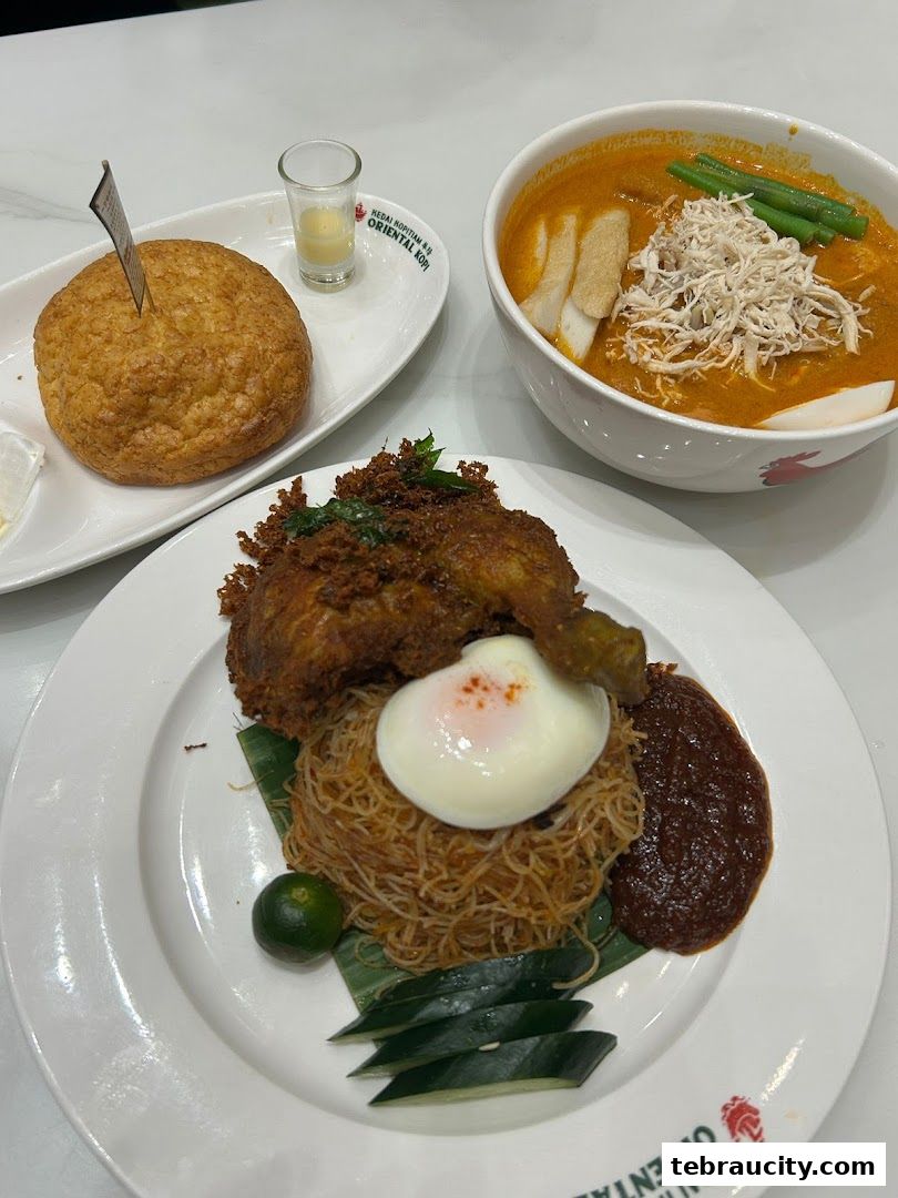 A close-up of three delicious Malaysian dishes, including fried chicken, noodles, and curry laksa.