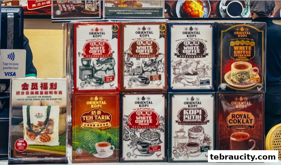 A display of various Oriental Kopi coffee and tea products, including white coffee and teh tarik.