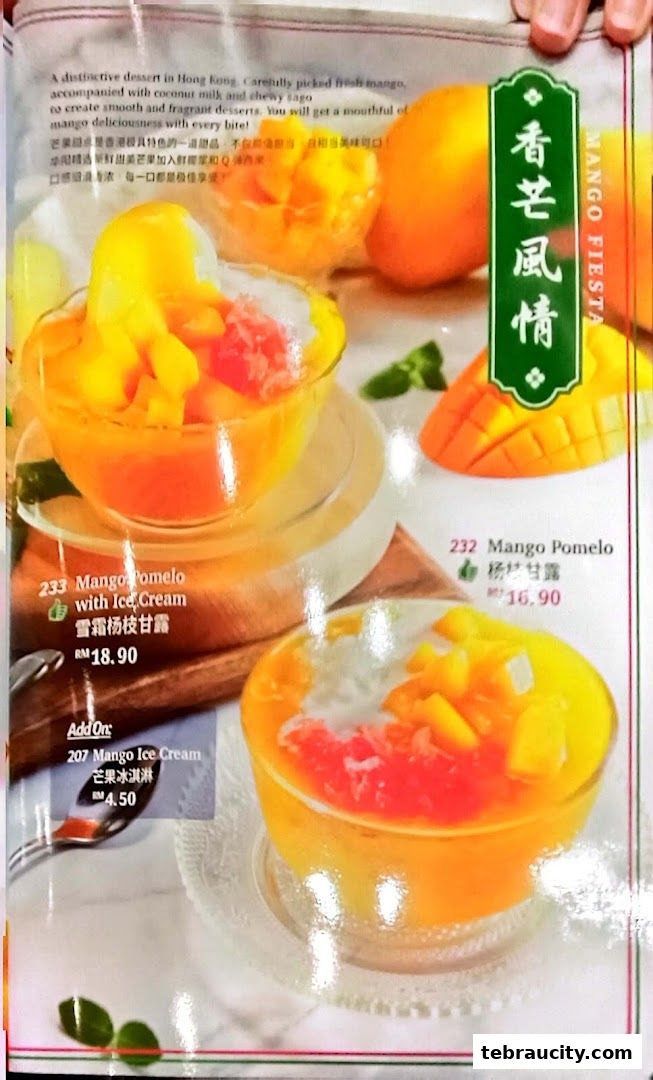 A menu page showcasing two mango pomelo desserts with ice cream and a mango ice cream add-on.