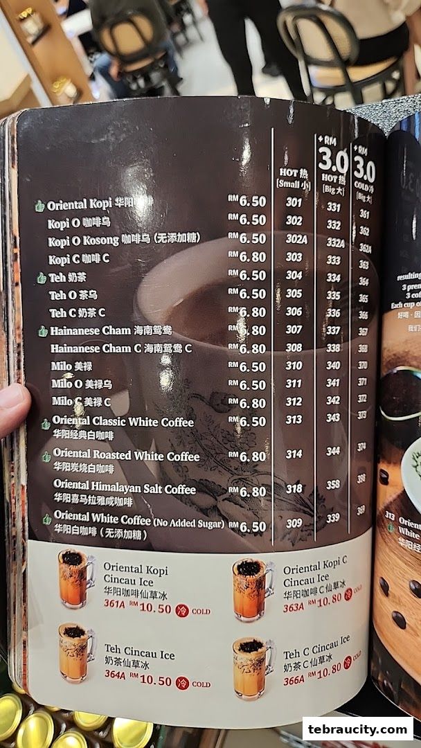 A menu from Oriental Kopi featuring various coffee and tea drinks with prices.