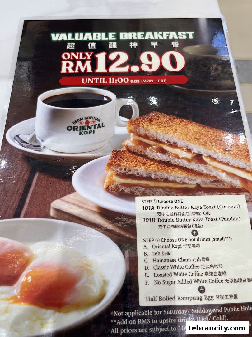 A breakfast set featuring toast, coffee, and eggs from Oriental Kopi.