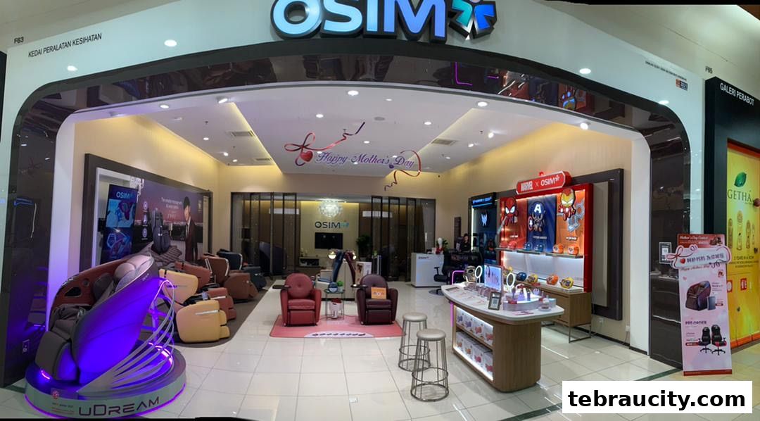 Interior view of an OSIM store showcasing massage chairs and health equipment.