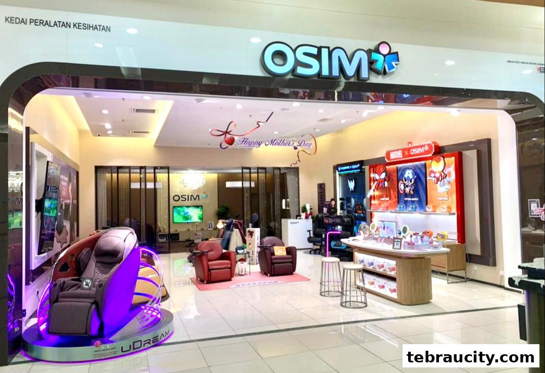 Interior view of an OSIM store showcasing massage chairs and health equipment.