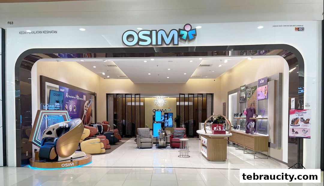 The OSIM shop front displays various massage chairs and health equipment.