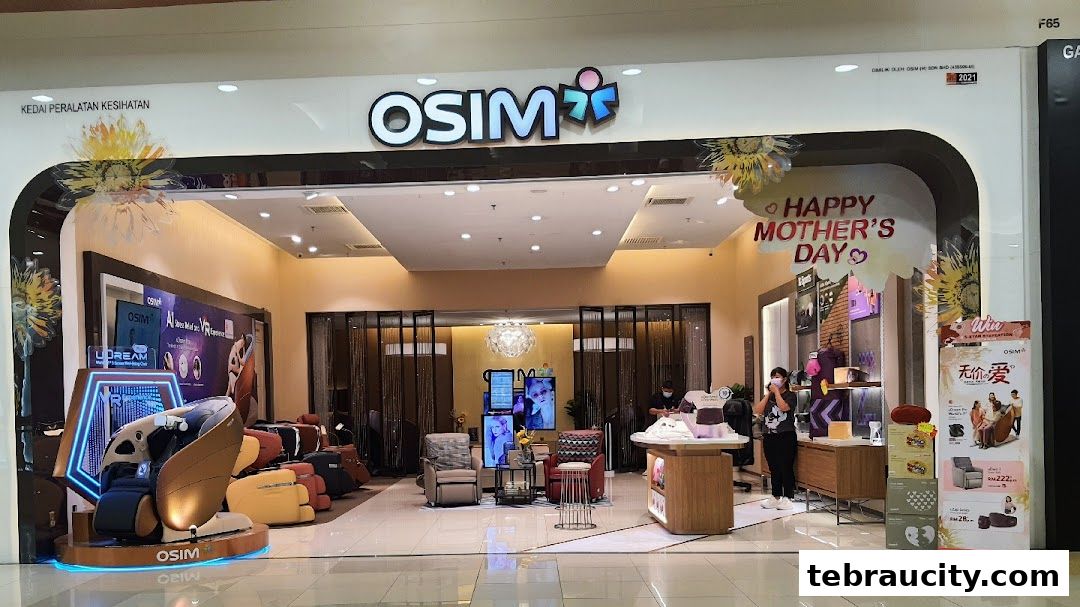 OSIM store interior featuring massage chairs and a Mother's Day promotion.