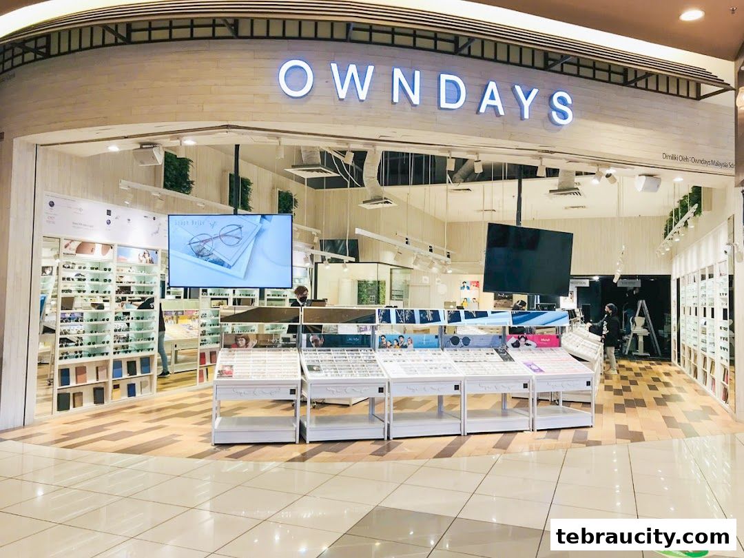 The bright and modern storefront of OWNDAYS, an eyewear shop, displaying a wide selection of glasses.