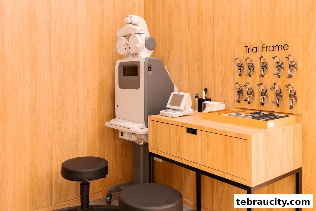 An optometry examination room with advanced equipment and trial frames.