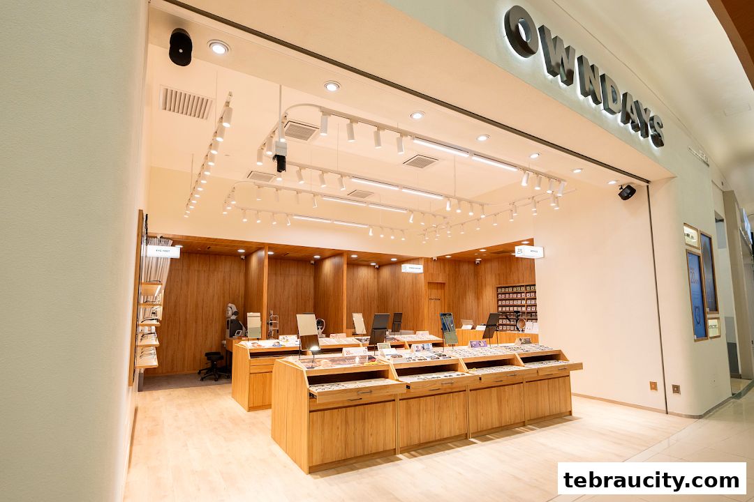 Interior view of an OWNDAYS optical shop showcasing a wide selection of eyeglasses.
