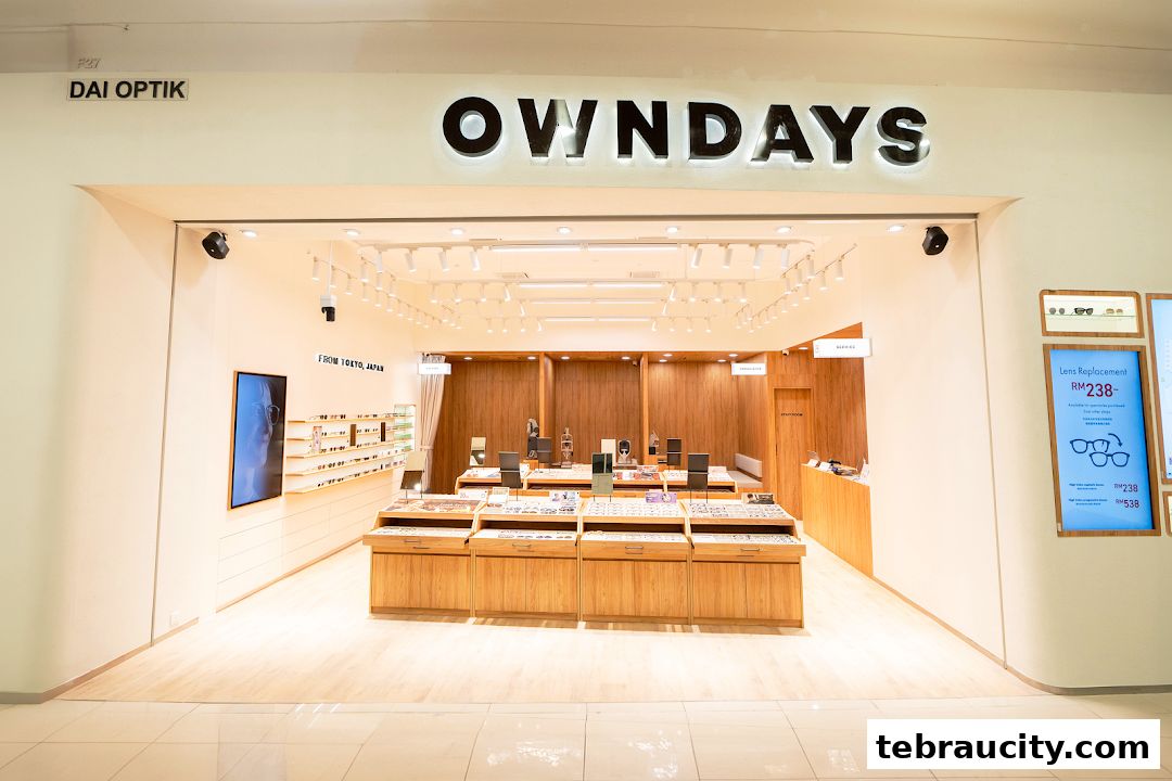 The entrance of OWNDAYS, an optical shop, showcasing a wide selection of eyewear.