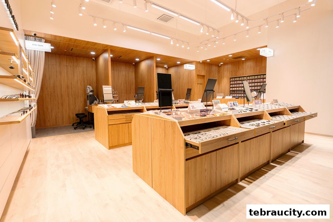 Interior view of an optical shop with wooden displays showcasing various eyeglasses.