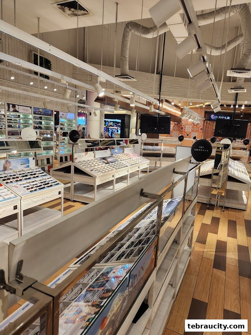 Interior view of an eyeglasses store with multiple displays of glasses.