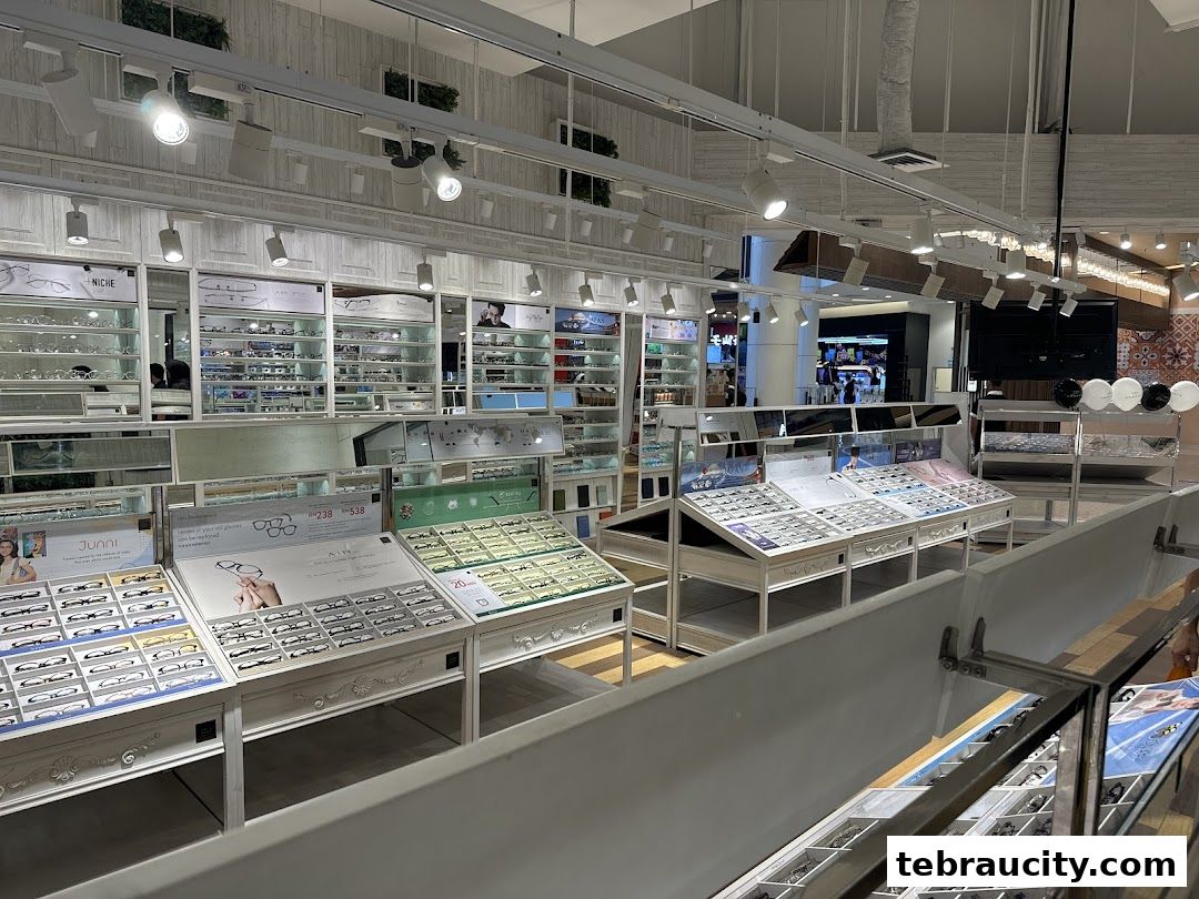 Interior view of an optical shop showcasing a wide selection of eyeglasses and frames.