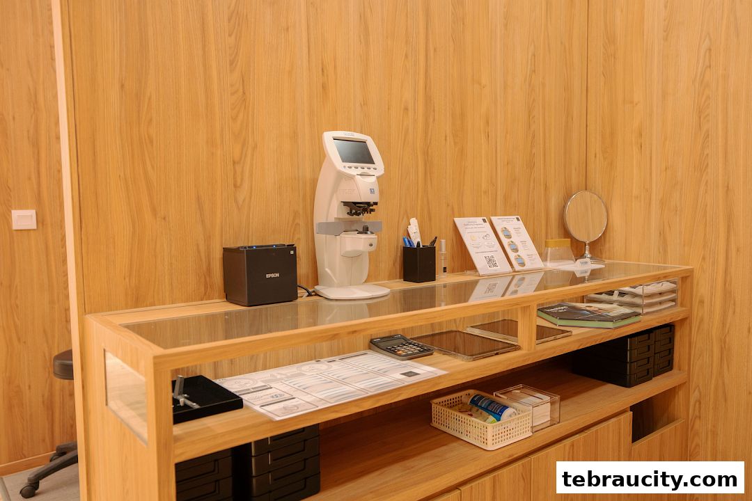 Interior shot of an optical shop counter with eye examination equipment and promotional materials.