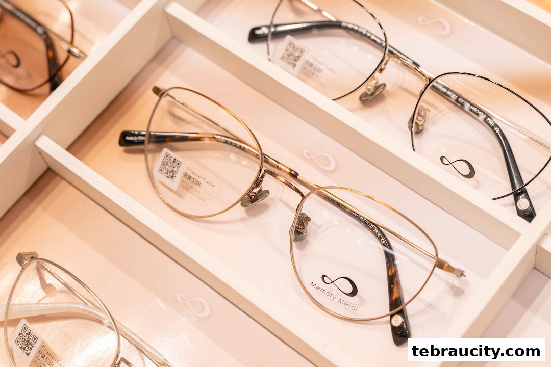 Close-up of stylish eyeglasses displayed in a retail setting, showcasing frames and lenses.