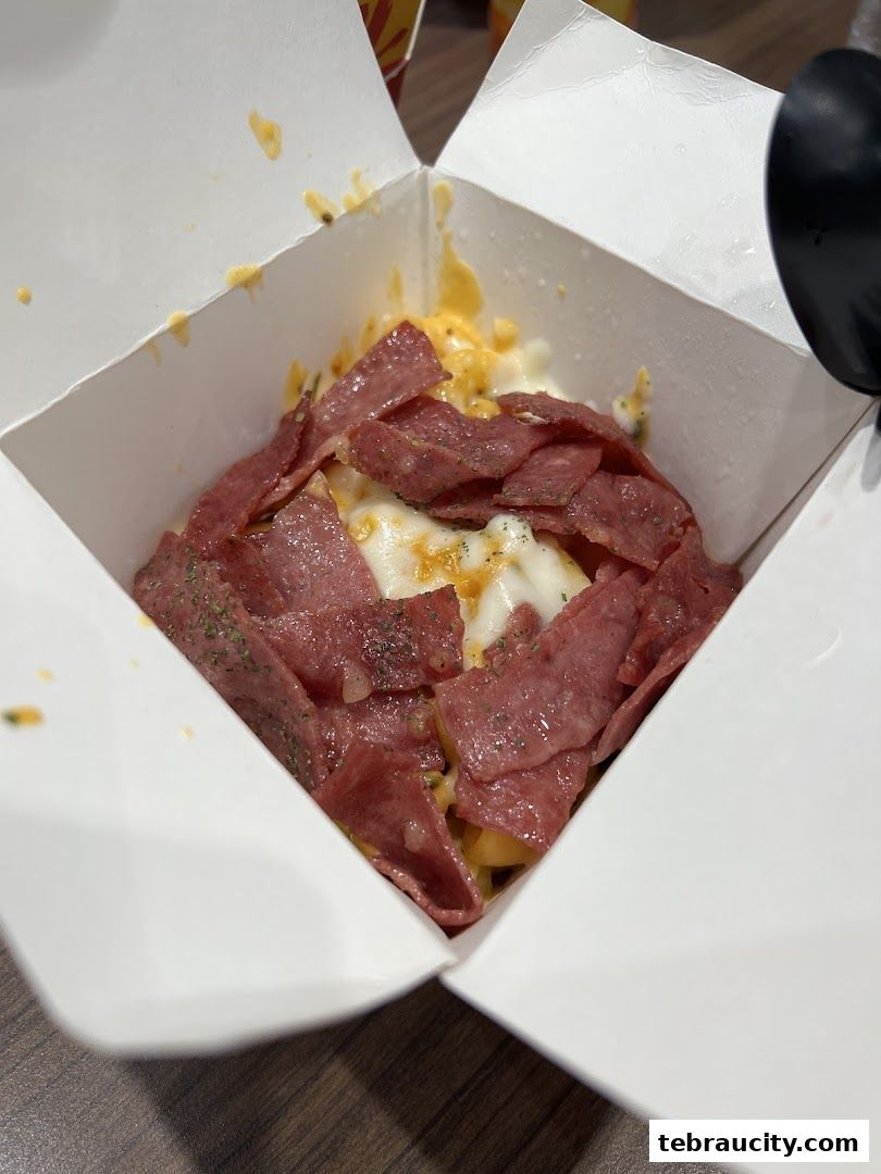 A close-up of a takeaway box filled with pasta, cheese, and sliced meat.