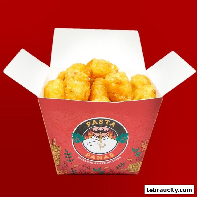 A red take-out box filled with golden-brown fried pasta bites against a red background.