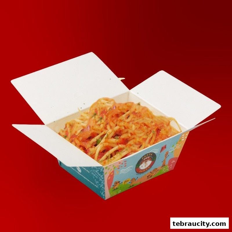 A take-out box filled with spaghetti pasta in a red sauce.