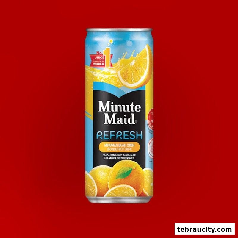A can of Minute Maid Refresh Orange Fruit Drink with oranges and juice splashes.