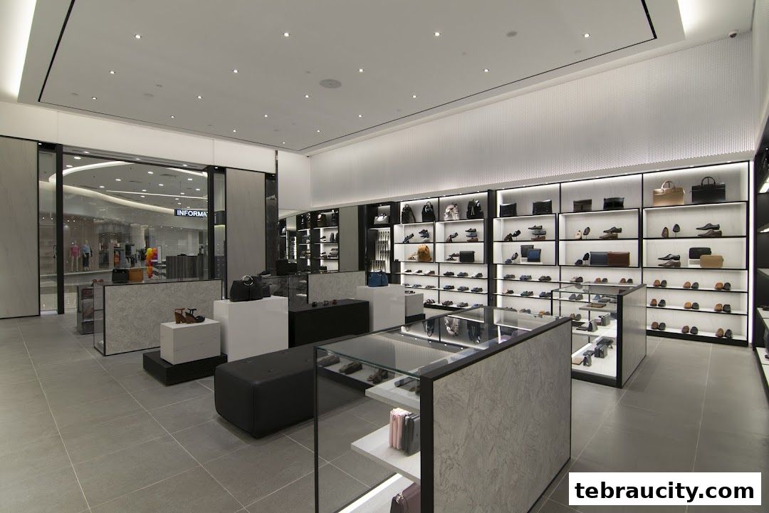 Interior view of a modern shoe and handbag store with well-lit displays.