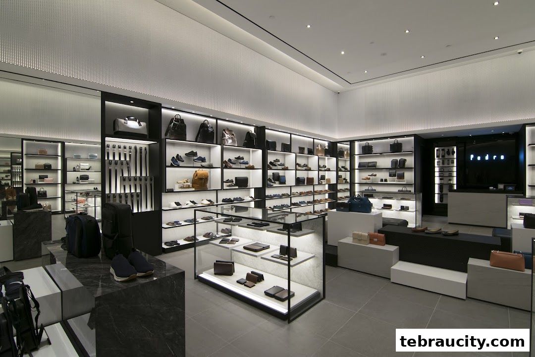 Interior view of a PEDRO shoe and bag store showcasing a wide selection of footwear and accessories.