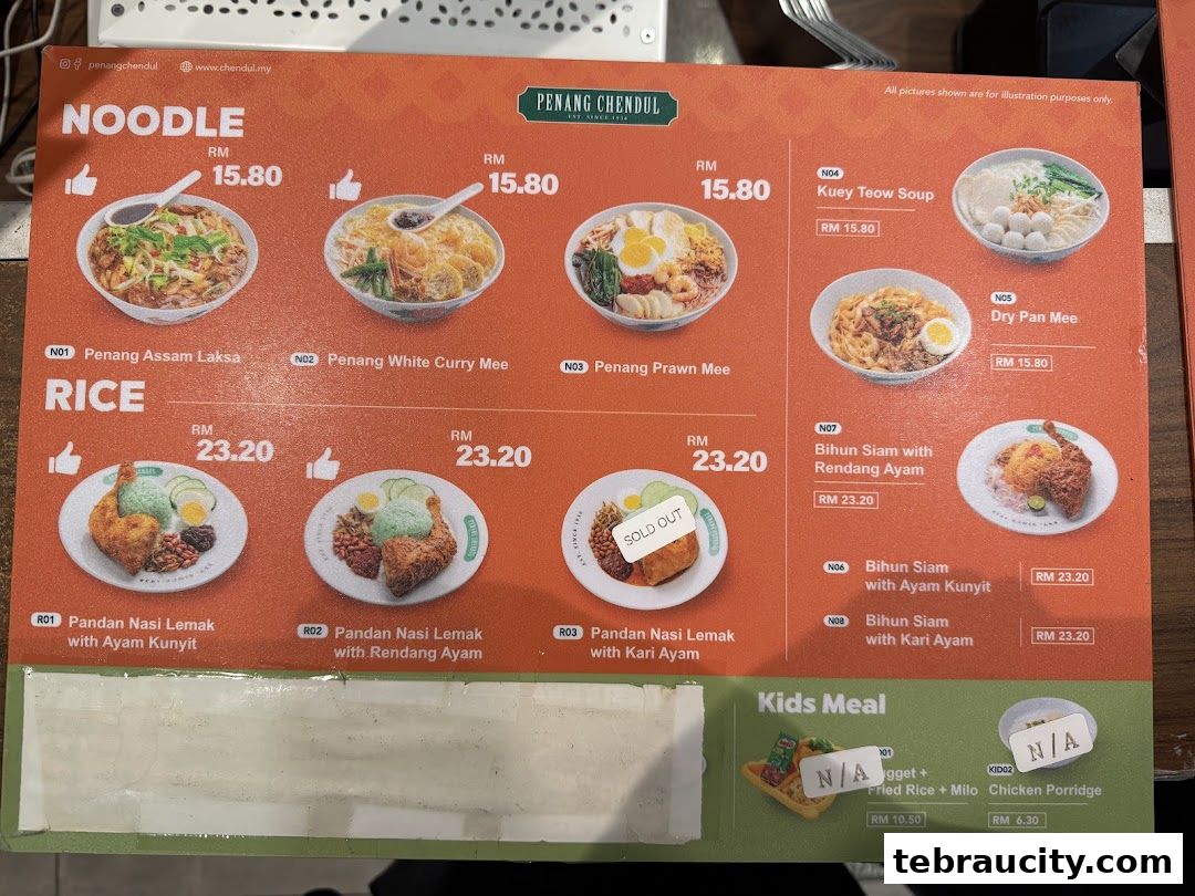A menu from Penang Road Famous Teochew Chendul featuring noodles, rice dishes, and kids' meals.