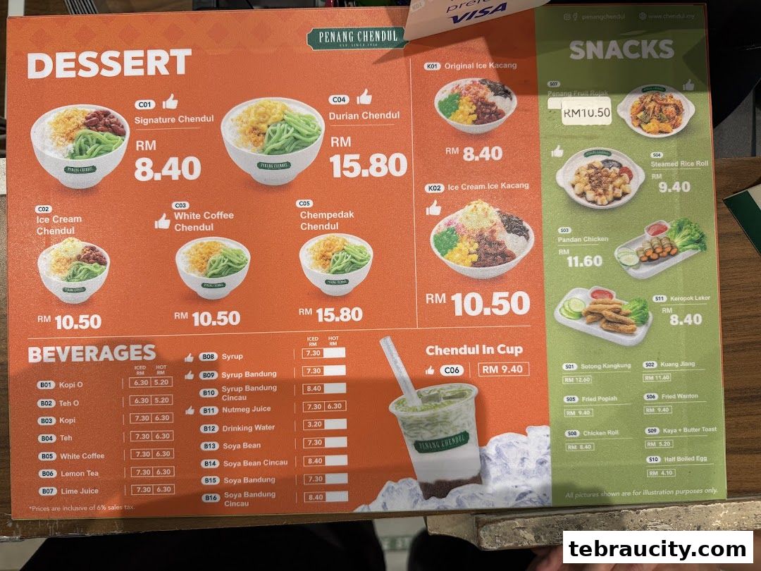 A menu board displaying desserts, snacks, and beverages with prices.