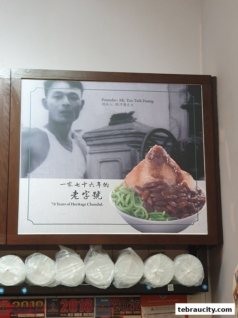 A framed picture displays the founder and a bowl of Chendul, with stacked bowls below.