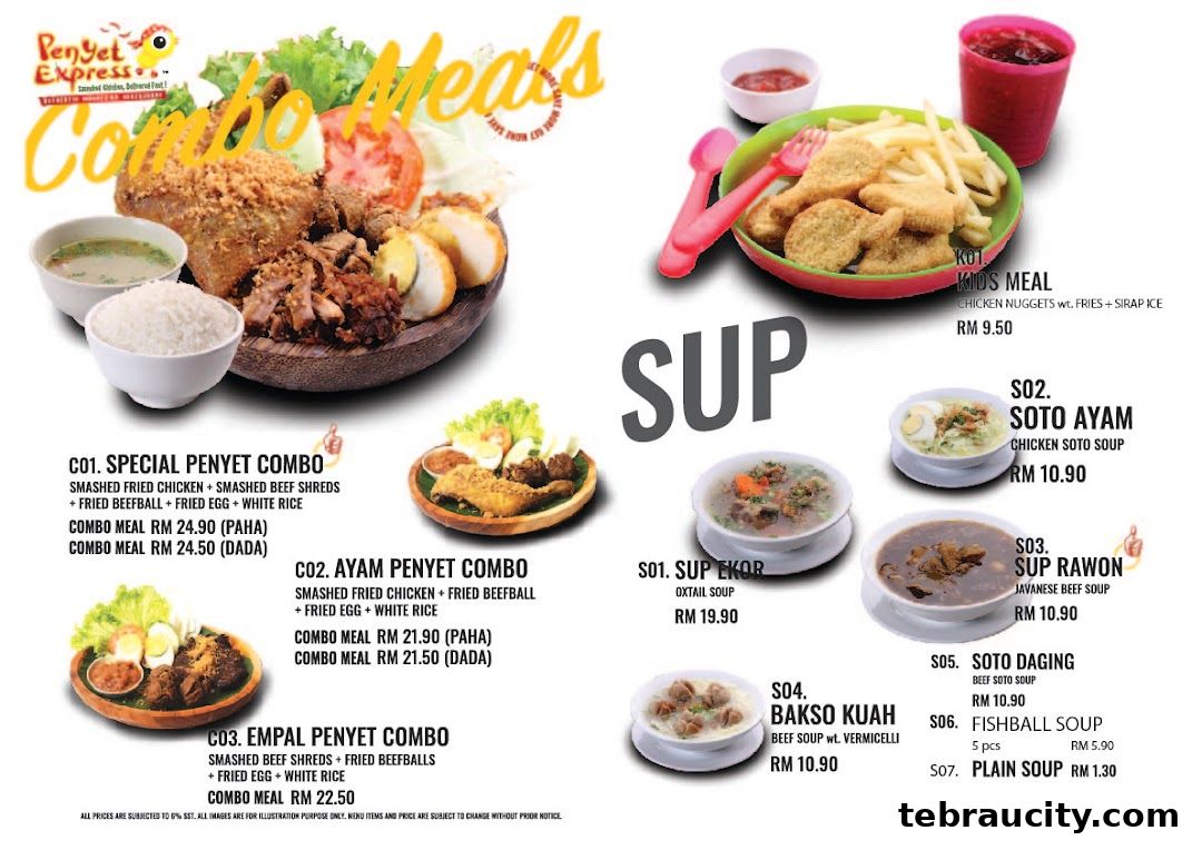A menu showcasing various combo meals and soups from Penyet Express.