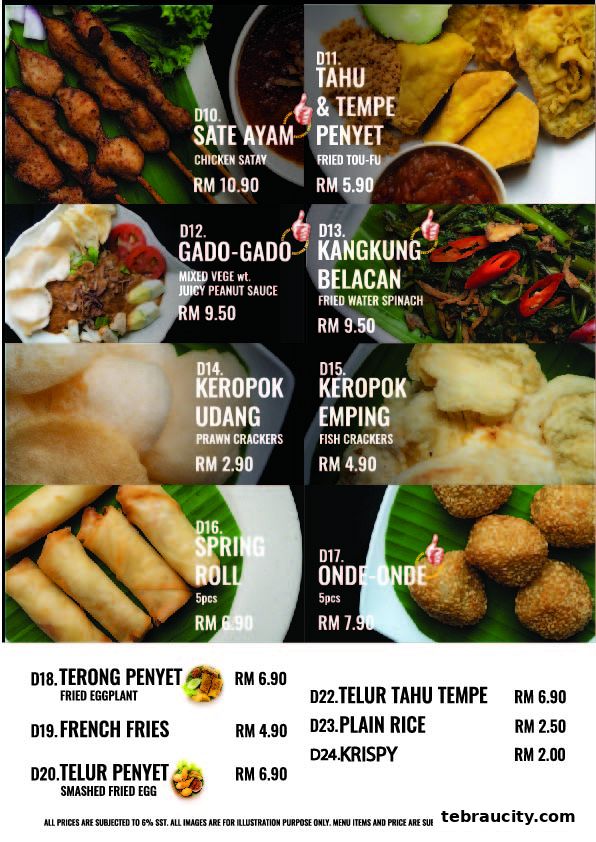 A menu showcasing various Indonesian dishes with prices and images.