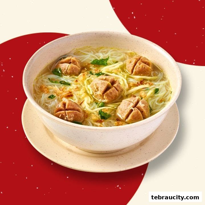 A close-up shot of a steaming bowl of noodle soup with meatballs and garnishes.