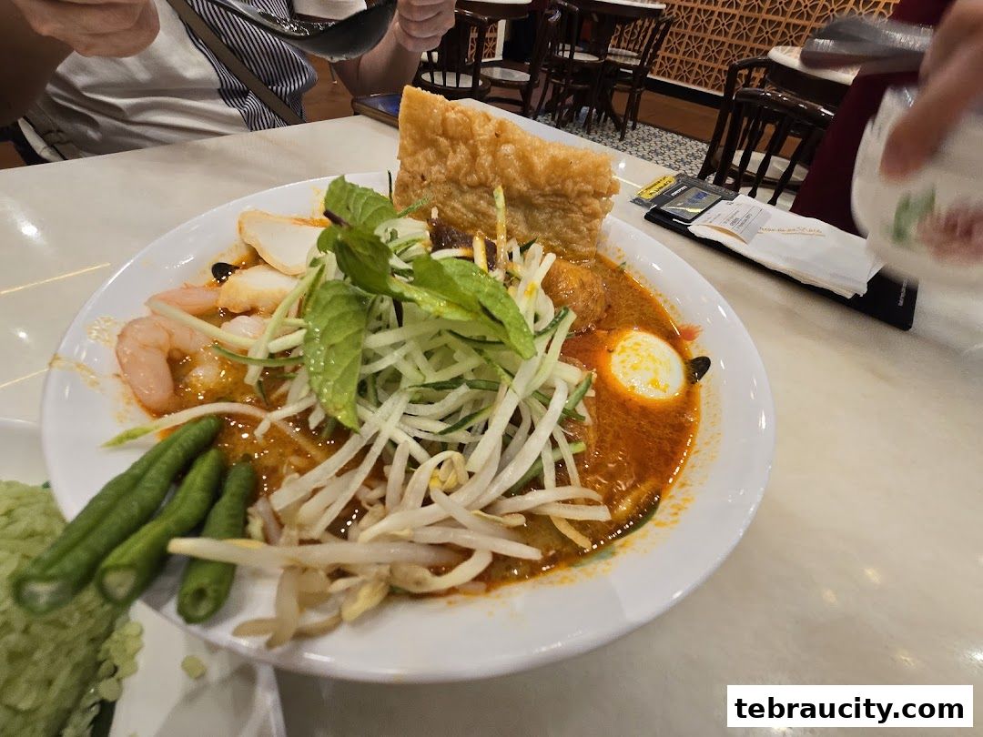 A close-up of a delicious bowl of Laksa with shrimp, egg, and crispy wonton.