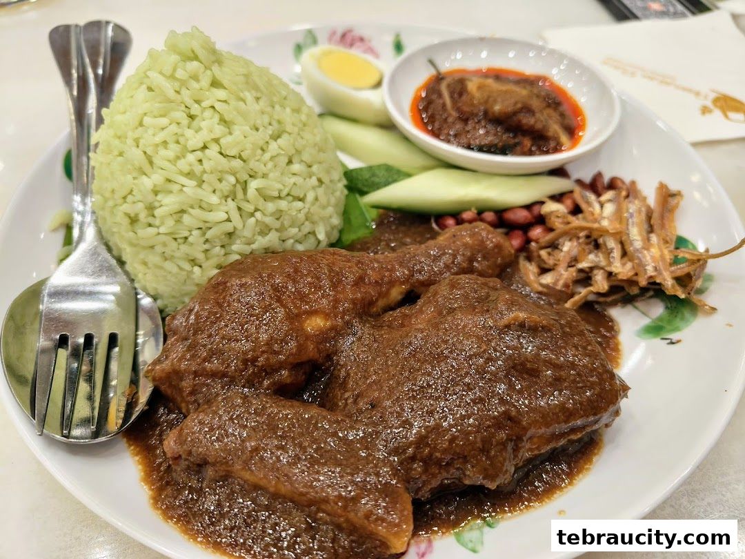 A delicious plate of Nasi Lemak with chicken, rice, sambal, egg, cucumber, peanuts, and anchovies.