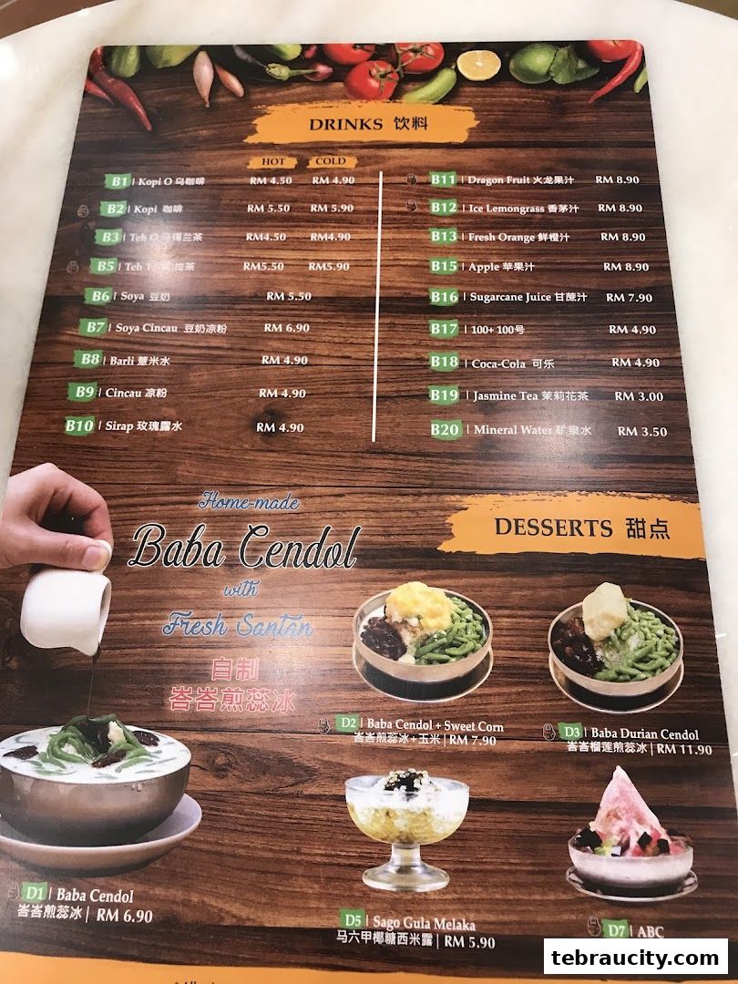 A menu featuring drinks and desserts, with a focus on Baba Cendol.