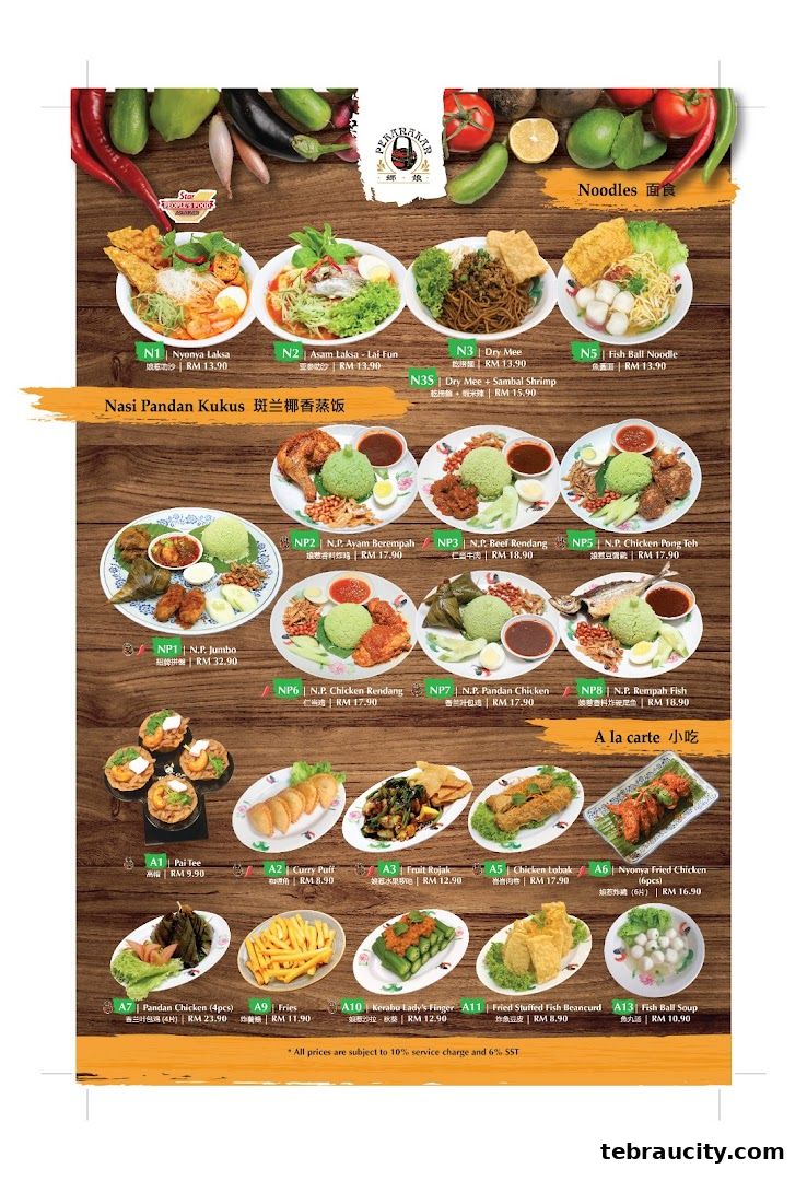 A menu featuring Peranakan dishes like Laksa, Nasi Pandan Kukus, and various appetizers.