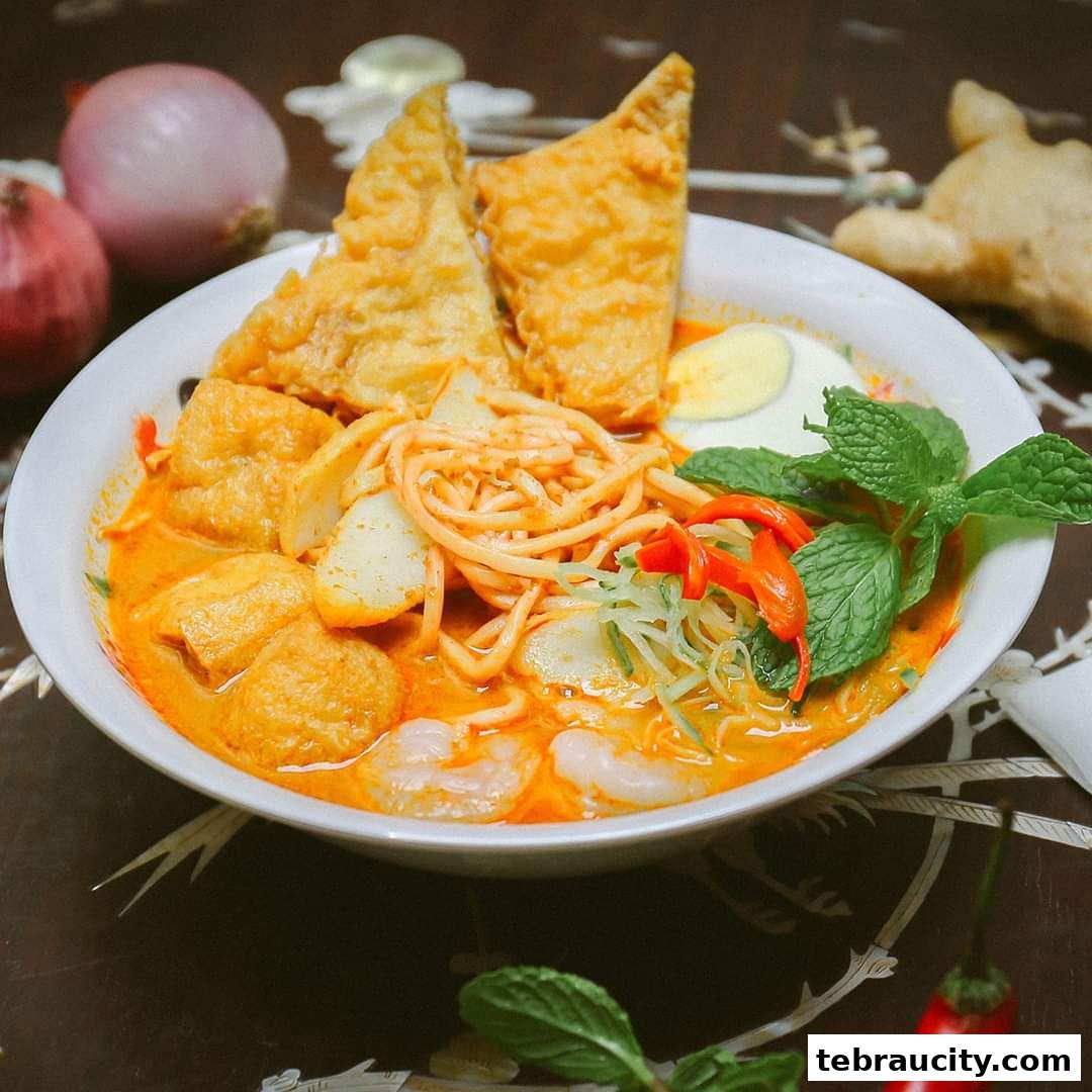 A close-up of a delicious bowl of Laksa with noodles, shrimp, tofu, and egg.